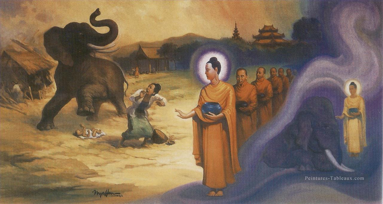 Bouddha soumettre l’éléphant ivre féroce nalagiri bouddhisme Peintures à l'huile